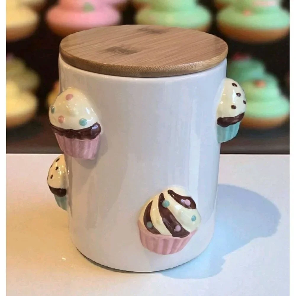 New Pink / Blue Mini Cupcake Ceramic Kitchen Bakery Cookie Jar W/ Wood Lid
